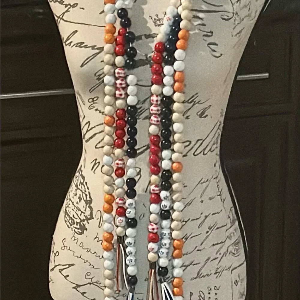 Halloween Garland 8ft long colorful wood beads, skulls and pumpkins, tassels